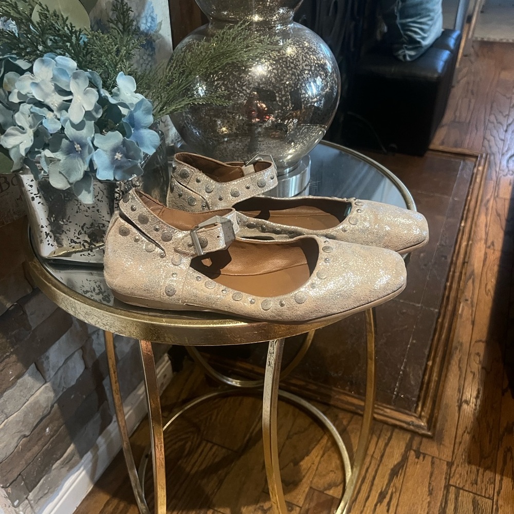 Free People Metallic Cream Studded Mary Jane Flats